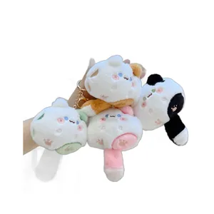 Set of four colorful plush cat and panda keychains with gold metal rings for bags