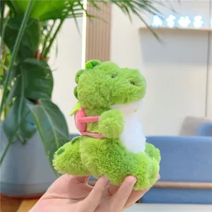 Close-up of cute green plush dinosaur keychain with pink backpack accessory and soft fur