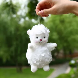Cute white plush sheep pendant with pink blush and silver metal chain for bags