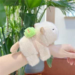Detail of plush Capybara wristband featuring a green backpack with mini embroidery