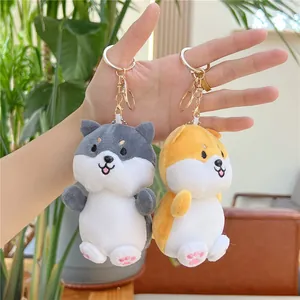 Pluche Shiba Inu sleutelhangers in grijs en geel met schattig geborduurd gezicht