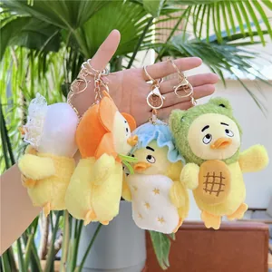 Plüsch-Enten-Schlüsselanhänger mit süßem Froschhut und Sonnenblumen-Outfits in Gelb