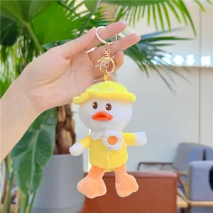 Detailed macro shot of a plush duck keychain with white fur and yellow outfit