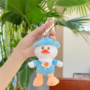 Detailed close-up of a plush white duck keychain with blue hat and metal ball chain