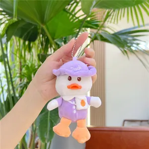 Detail of plush white duck keychain with purple hat and silver bead chain