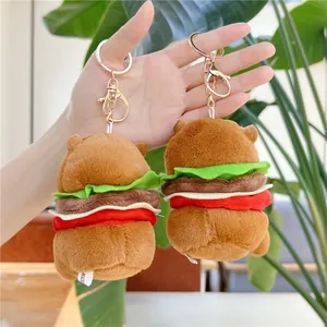 Cute Capybara hamburger plush keychain with metal hook for bags and keys
