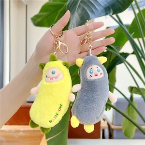 Fluffy monster plush keychain in yellow and grey with Rainbow embroidery for bag charms