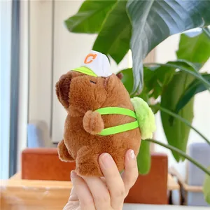 Detail of Capybara plush keychain wearing a baseball cap and a green backpack