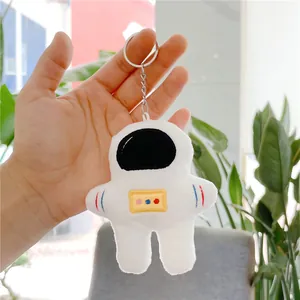 Plush astronaut keychain with white fabric and embroidered colorful space details