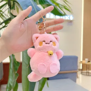 Portachiavi gatto in peluche rosa con campanellino giallo e chiusura a moschettone