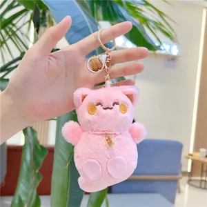 Portachiavi gatto in peluche rosa con targhetta dorata tenuto in mano per misura