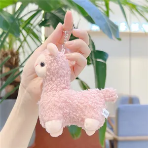 Pink curly plush alpaca keychain detail with soft texture and metal clip for bags