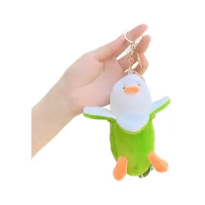 Portachiavi peluche anatra banana con anatra bianca in buccia verde e gancio metallico