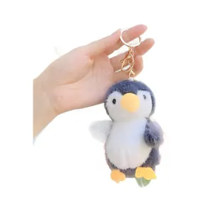 Cute fluffy penguin plush keychain with golden ring for bags and keys decoration
