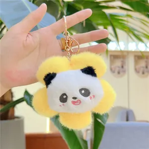 Plush panda sunflower keychain with yellow petals and golden metal buckle clasp