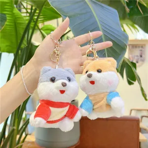 Cute plush dog keychains featuring husky and shiba inu in colorful cozy outfits