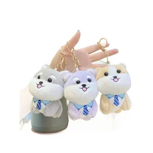 Porte-clés Shiba Inu en peluche mignonne, gris, violet et jaune avec cravate bleue