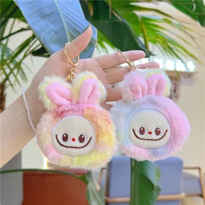 Macaron gradient plush rabbit keychain with squeaky design and golden metal lobster clasp