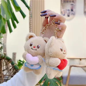 Cute plush bear keychains with hearts and aprons on gold metal ring clips