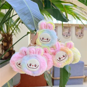 Cute Squeaky Plush Rabbit Monster Keychain Pendant Soft Faux Fur Tie Dye Backpack Ornament For Women Kids Birthday Gift