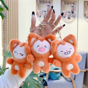 Cute Orange Plush Animal Keychain Soft Stuffed Fox Cat Pendant For Backpack Bag Decoration Embroidered Expression Toy Gift For Kids Women