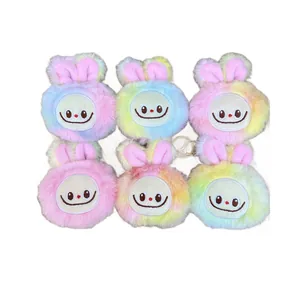 Set of 6 colorful tie-dye plush rabbit monster keychains with long ears and squeak sound