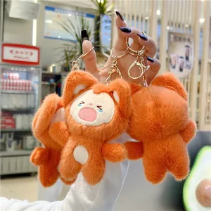 Cute orange plush fox pendant with a funny shouting expression and gold keychain