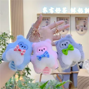 Cute Plush Cat Keychain Pendant Soft Faux Fur Animal Bag Charm With Bowknot Long Plush PP Cotton Keyring For Car Decor Women Girls