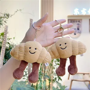 Cute Plush Croissant Keychain Smile Face Bread Bag Pendant Soft Stuffed Food Doll Key Ring For Women Girls Bag Accessories