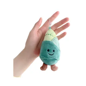 Cute green bamboo shoot plush keychain held by hand with silver metal bead chain