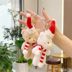 Christmas plush bear keychain with red santa hat and striped scarf for holiday gift