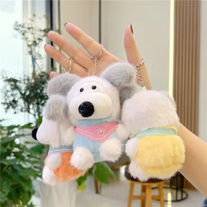 Cute plush dog keychain charms with colorful clothes and metal rings for bag decoration