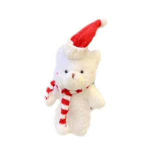 Mini white plush Christmas bear with red knit hat and striped scarf for DIY bouquets