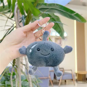 Detail of creative gray frozen pear plush pendant with golden keychain and soft fur texture