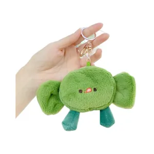 Cute green seaweed plush keychain with golden lobster clasp for bags and accessories