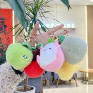 Cute plush faux mink fur fruit pendants with golden metal keychains for bags