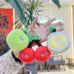 Cute plush fruit keychains featuring cherry and durian designs with soft mink fur texture