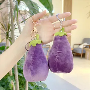 Funny purple eggplant plush keychain with leaf detail and metal clasp accessories