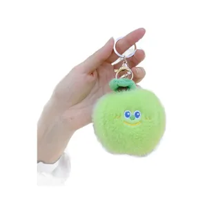 Cute green apple plush keychain with embroidered face and silver metal ring