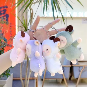 Cute rainbow sheep plush keychain set with curly horns and silver metal clips