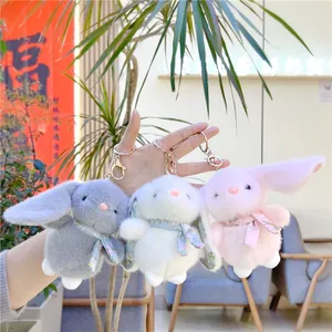 Cute Long Eared Rabbit Plush Toy Keychain Floral Ribbon Stuffed Animal Bunny Doll Bag Charm Decorative Hanging Accessory