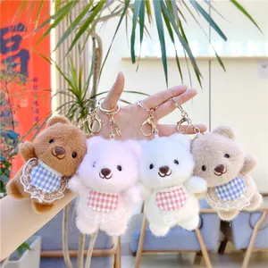 Cute Plush Bear Keychain For Women Schoolbag Pendant With Lace Gingham Bib Alloy Gold Lobster Clasp Animal Bear Stuffed Toy Gift