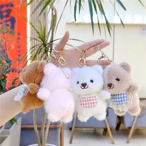 Plush bear keychain set in four colors with plaid aprons for backpack decoration