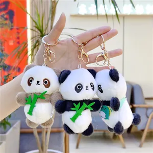 Cute plush panda keychain set featuring bamboo embroidery and soft fur texture