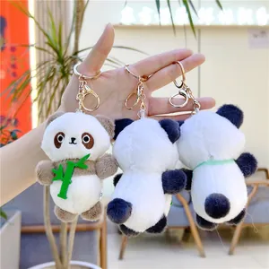 Cute panda plush keychain with bamboo embroidery and golden metal lobster clasp