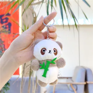 Cute panda plush keychain with green bamboo embroidery and silver metal ring accessory