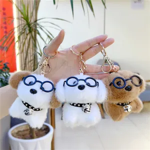 Cartoon Pluche Hond Sleutelhanger Met Bril En Bel Zacht Dier Puppy Tas Hanger Decoratieve Sleutelhanger Cadeau Voor Vrouwen Kinderen