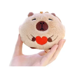 Pluche Capybara portemonnee met hartborduurwerk en koord, zachte kaki sleutelhanger tas