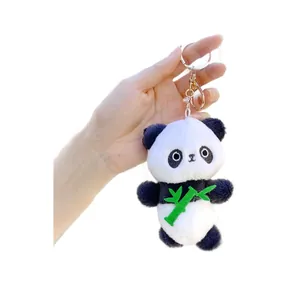 Cute giant panda plush keychain with green bamboo and golden metal lobster clasp