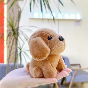 Close-up of a palm-sized cute brown plush puppy keychain with soft fluffy fur texture